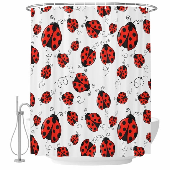 Red Ladybugs Shower Curtain, Waterproof Shower Curtains for Bathroom, Animal Themed Spring Summer Rustic Washable Fabric Bathtub Curtain Set Bath Decor with 12 Hooks Long 72"x84"