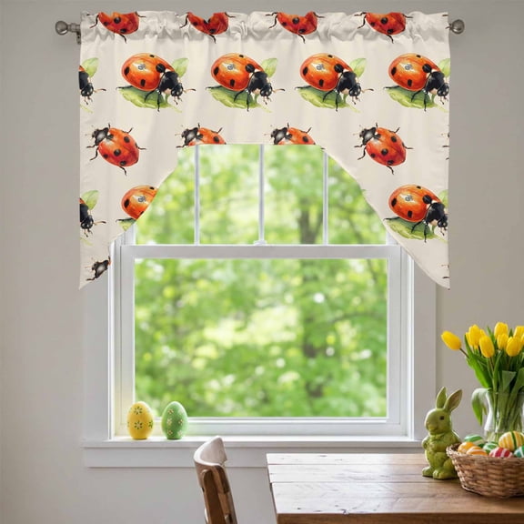 Red Ladybugs Swag Valances for Kitchen Window, Vines Leaves Spring Plant Watercolor Inset Beige Small Swag Valances Rod Pocket Curtain Drapes Window Treatment for Bedroom Bathroom, 56x36 Inch