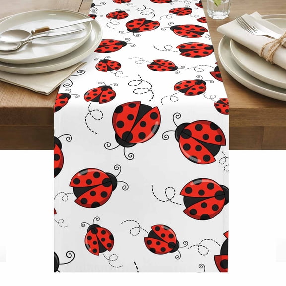 Red Ladybugs Table Runner 13 x 48 Inch, Country Cute Ladybug Red Black Animals Geometric Lines Washable Cotton Linen Dining Table Runner Tabletop Decorations for Restaurant Home Kitchen Party