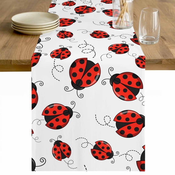 Red Ladybugs Table Runner - 48 Inch Long Animal Themed Spring Summer Rustic Cotton and Linen Blended Dress Scarves Farmhouse Table Runner for Kitchen Dining, Coffee Table, 13" x 48"
