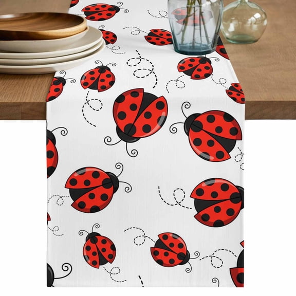 Red Ladybugs Table Runner 48 Inches, Animal Themed Spring Summer Rustic Bed Runner Dresser Scarves Tabletop for Indoor Outdoor Parties/Ceremony/Banquet, 13" x 48"