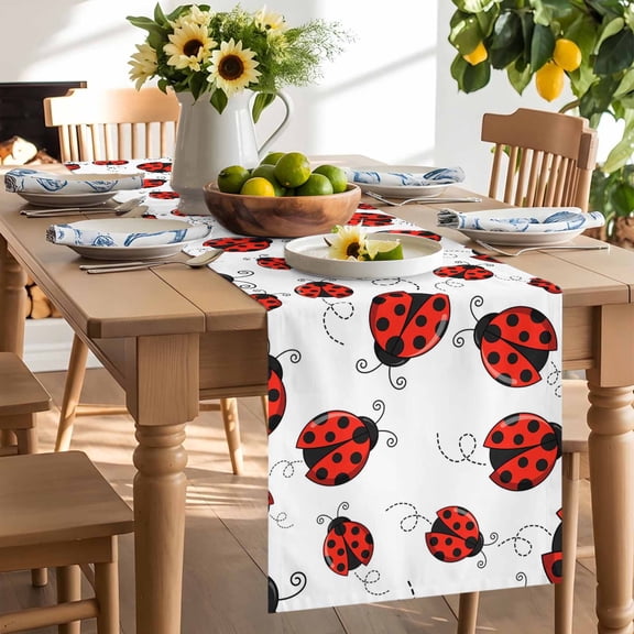 Red Ladybugs Table Runner, Country Cute Ladybug Red Black Animals Geometric Lines Washable Kitchen Table Runners Dress Scarves for Dining Table Decorations Party/Restaurant, 13x36in