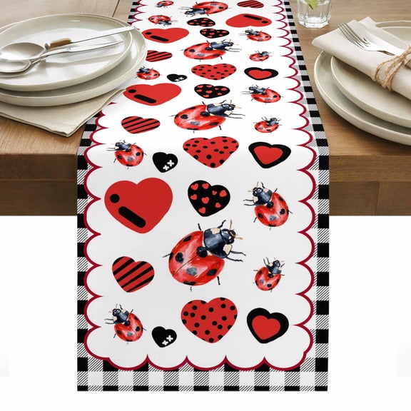 Red Ladybugs Table Runner Modern Love Heart Black Checkered Plaid Tablerunners 14 x 72 Inch, Table Decorations Tabletop Scarf for Summer Gathering Holiday Farmhouse Kitchen Dining Decor