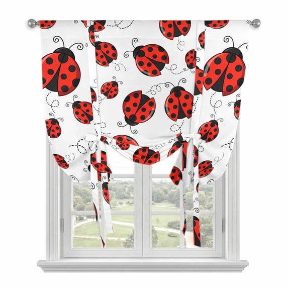 Red Ladybugs Tie Up Curtains for Windows, Adjustable Balloon Window Shades, Animal Themed Spring Summer Rustic Kitchen Window Treatments Farmhouse Short Curtains with Rod Pocket 42"x45"