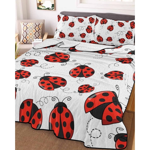 Red Ladybugs Twin Size Down Alternative Comforter, Lightweight Comforter Quilt Bedding Set with Pillow Shams Animal Themed Spring Summer Rustic All Seasons Bed Comforter Duvet Insert 68"x86"