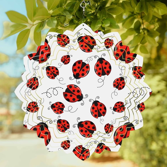 Red Ladybugs Wind Spinner for Garden Yard 8In, Country Cute Ladybug Red Black Animals Geometric Lines 3D Stainless Steel Kinetic Hanging Wind Spinners Rustproof Outdoor Decor for Lawn Patio Home
