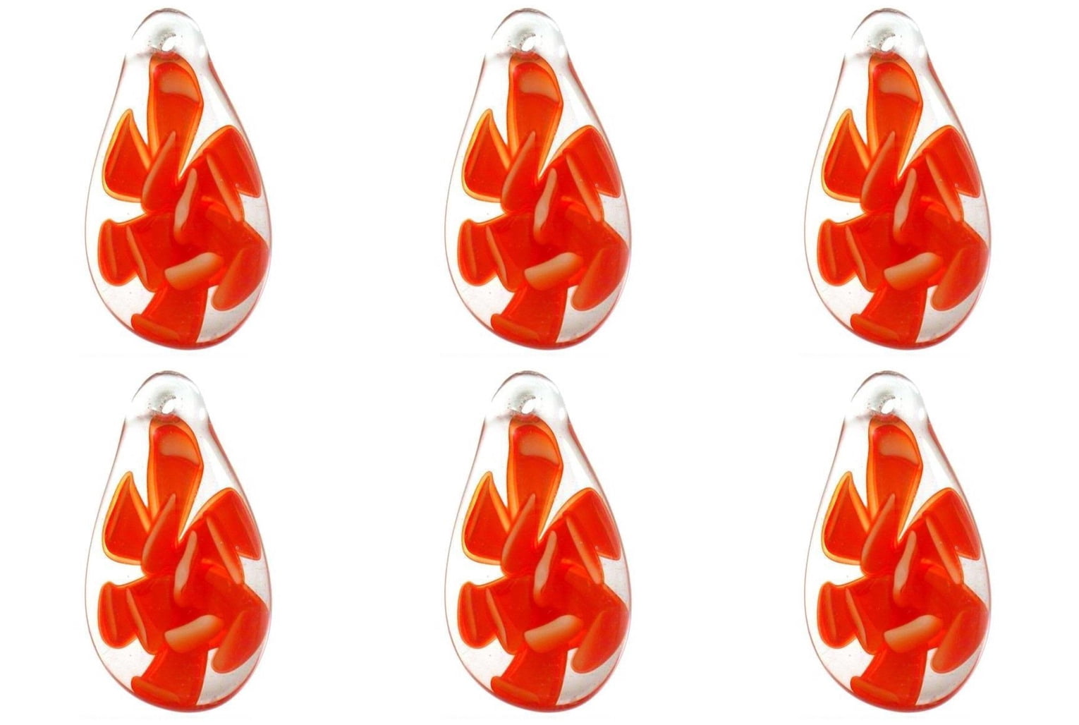 Red Lampwork Glass Pendant Bead Teardrop Flower - Pack of 6