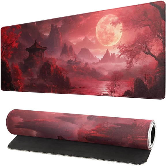 Red Landscape Mouse Pad 31.5x11.8 Inch Red Full Desk Japanese Mousepad Extended Large Non-Slip Rubber Base Waterproof Big Keyboard Mat with Stitched Edges for Gaming and Office