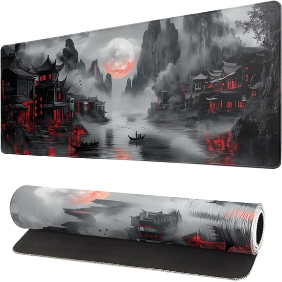 Red Landscape Mouse Pad 31.5x11.8 Inch Red Full Desk Japanese Mousepad Large Non-Slip Rubber Base Waterproof Big Keyboard Mat with Stitched Edges for Gaming and Office