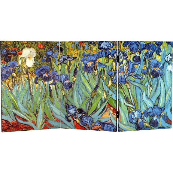 Red Lantern 2 ft. Short Double Sided Works of Van Gogh Canvas Folding Screen - Irises/Starry Night Over Rhone 3 Panel Freestanding Partition Separator for Modern and Contemporary Home, Office, Dorm
