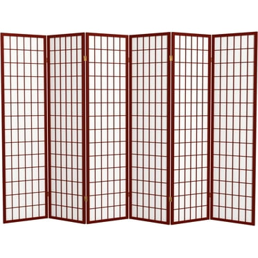 Red Lantern 6 ft. Tall Window Pane Shoji Screen-Rosewood-6 Panels Room Divider