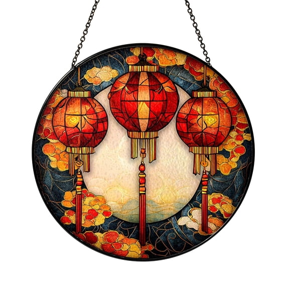 Red Lantern Cloud Scene Stained Glass Style Suncatcher Window Hanging Decor, Decorative Lantern Window Ornament, Artistic Glass Art Panel for Window Decor