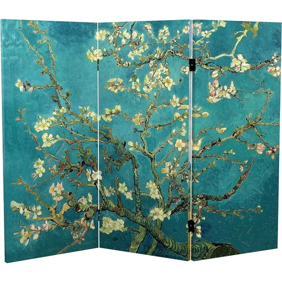 Red Lantern Double Sided Works of Van Gogh Canvas Folding Screen - Almond Blossoms/Wheat Field, 3 ft Short - 3 Panel