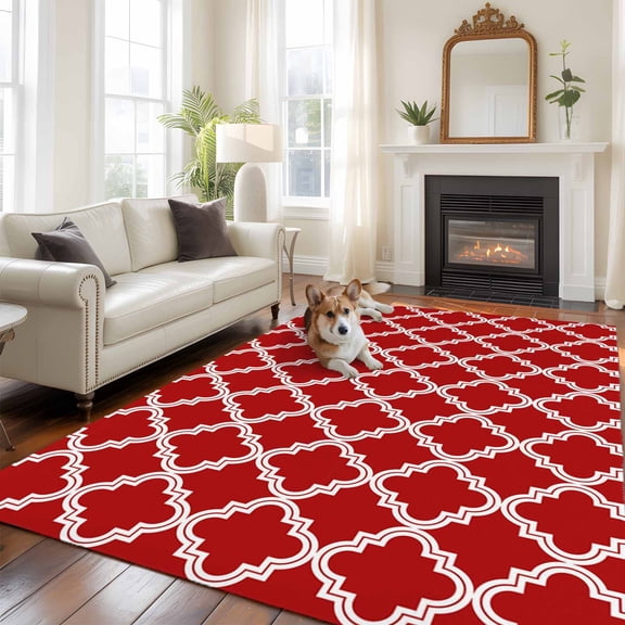 Red Large Area Rugs 8x10 ft Moroccan Geometric Abstract Washable Rug Non Slip Indoor Carpet Absorbent Floor Mat for Living Room Bedroom Dining Room