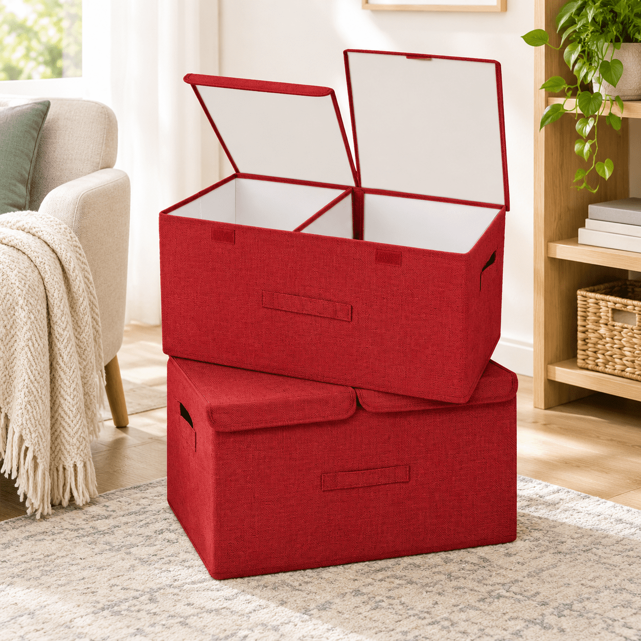 Red Large Collapsible Linen Storage Boxes With Lids Handles For Home ...