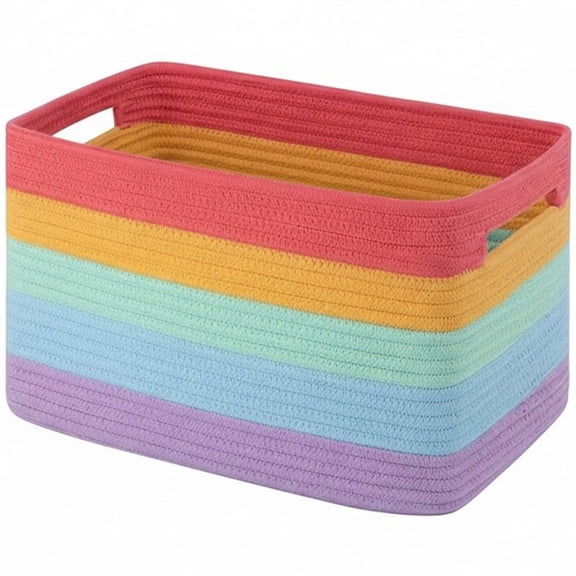 Red Large Rainbow Cotton Rope Storage Basket with Handles, Woven Organizer, 37x25x22cm