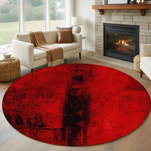 Red Large Round Rug 8 FT, Non Slip Living Room Area Carpet, Retro Oil Painting Modern Abstract Art Aesthetics Washable Soft Circle Rug Non-Shedding Floor Carpet for Bedroom Office Dining Room
