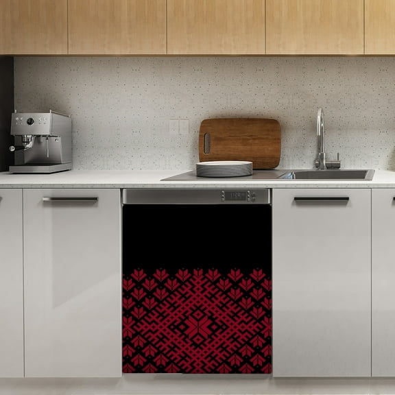 Red Latvian Lielvarde Belt motif Dishwasher Magnet Cover Decorative Sticker for Home Cabinet Kitchen 23" x26"