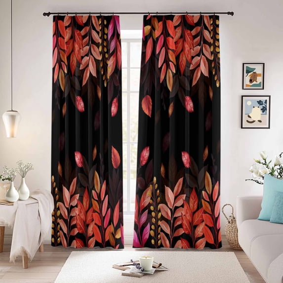 Red Leaf Blackout Curtains for Bedroom/Living Room, Pinch Pleated Black Out Curtains, Fall Plant Country Vintage Watercolor Black Room Darkening Window Drapes with Hooks 2 Panels, 59"x70"