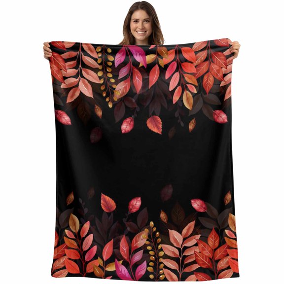 Red Leaf Blanket Soft Cozy Warm Throw Blanket for Couch, Plush Fuzzy Flannel Fleece Blankets for Sofa, Fall Plant Country Vintage Watercolor Black Bed Blankets Lightweight Gifts for Women, 30"x40"