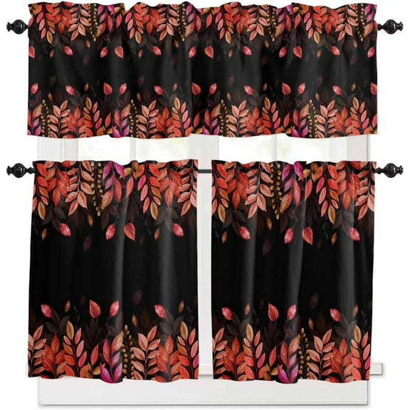 Red Leaf Kitchen Curtains, Fall Plant Country Vintage Watercolor Black 3-Piece Kitchen Curtain Valance and Tiers Set 24 Inch Length, Rod Pocket Half Window Curtains for Cafe Living Room Bathroom