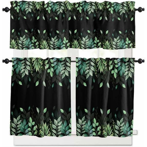 Red Leaf Kitchen Curtains, Fall Plant Country Vintage Watercolor Black 3-Piece Kitchen Curtain Valance and Tiers Set 36 Inch Length, Rod Pocket Half Window Curtains for Cafe Living Room Bathroom