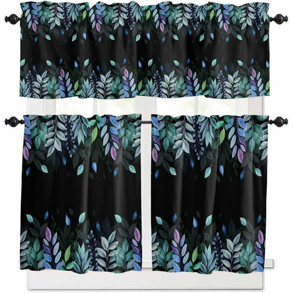 Red Leaf Kitchen Curtains, Fall Plant Country Vintage Watercolor Black 3-Piece Kitchen Curtain Valance and Tiers Set 36 Inch Length, Rod Pocket Half Window Curtains for Cafe Living Room Bathroom