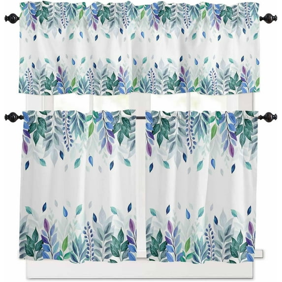 Red Leaf Kitchen Curtains, Fall Plant Country Vintage Watercolor White 3-Piece Kitchen Curtain Valance and Tiers Set 36 Inch Length, Rod Pocket Half Window Curtains for Cafe Living Room Bathroom