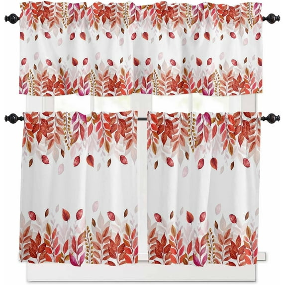 Red Leaf Kitchen Curtains, Fall Plant Country Vintage Watercolor White 3-Piece Kitchen Curtain Valance and Tiers Set 36 Inch Length, Rod Pocket Half Window Curtains for Cafe Living Room Bathroom