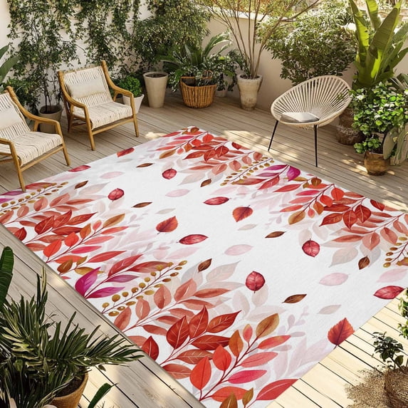 Red Leaf Outdoor Rug 4x6 Ft - Reversible Patio Rug Outdoor Camping Rugs, Fall Plant Country Vintage Watercolor White Washable Indoor Outdoor Area Rugs, Non-Slip Outdoor Carpet Runner for Deck/Porch