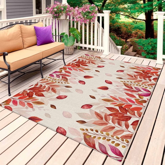 Red Leaf Outdoor Rug for Patio/Deck/Porch, Non-Slip Large Area Rug 4 x 6 Ft, Fall Plant Country Vintage Watercolor Beige Indoor Outdoor Rugs Washable Area Rugs, Reversible Camping Rug Carpet Runner