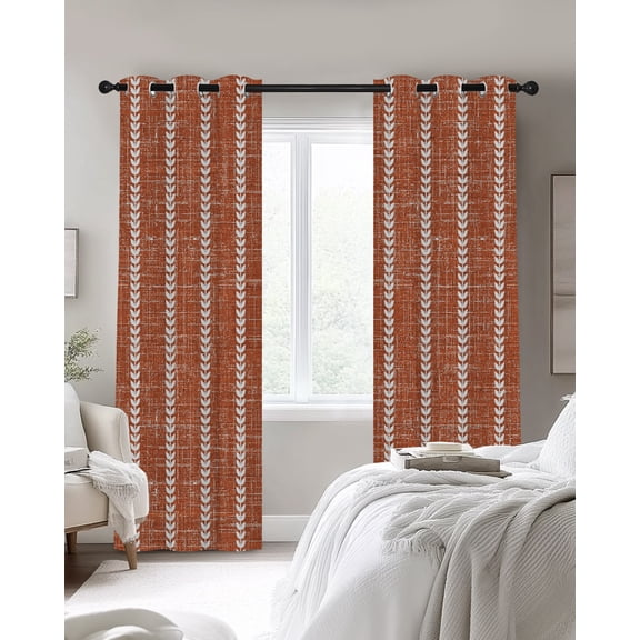 Red Leaf Stripe Blackout Curtains 2 Panels, Country Vintage Rustic Minimalist Vertical Leaves Thermal Insulated Grommet Window Curtains for Bedroom Living Room 52"x45"