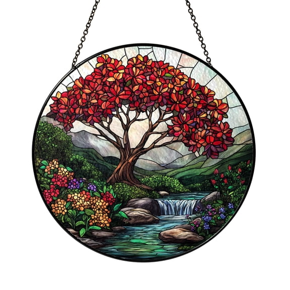 Red Leaf Tree Stained Glass Style Suncatcher Window Hanging Decor, Round Autumn Blossom Tree and Stream Landscape Glass Window Panel Art, Decorative Nature Window Ornament for Living Room
