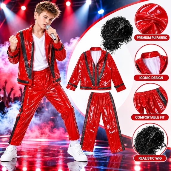 Red Leather Jacket Pop Star Costume for Kids,80s Disco Outfits for Boys,Retro Rockstar Costume Boys with wig,80s Party Wear,Halloween Costumes for Kids (RED,10-12 Years)-22