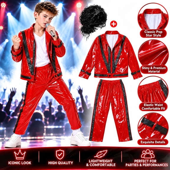Red Leather Jacket Pop Star Costume for Kids,80s Disco Outfits for Boys,Retro Rockstar Costume Boys with wig,80s Party Wear,Halloween Costumes for Kids (RED,10-12 Years)-23