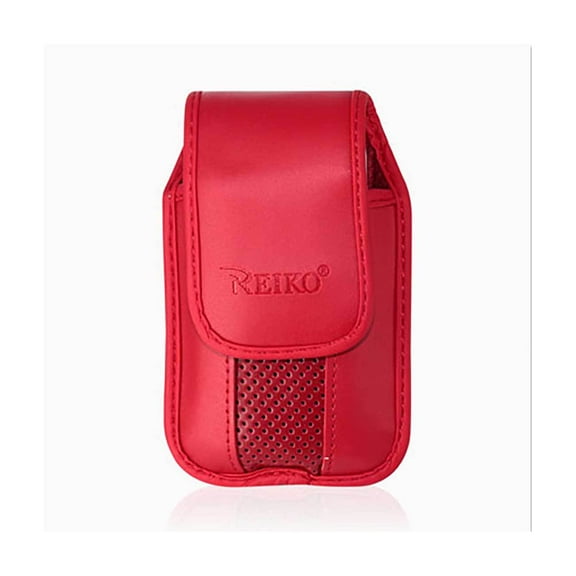 Red Leather vertical pinch clip case with magnetic snap fits Samsung Gusto.