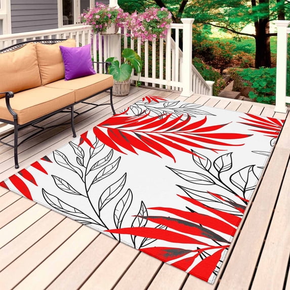 Red Leaves Outdoor Rug for Patio/Deck/Porch, Non-Slip Large Area Rug 3 x 5 Ft, Abstract Modern Geometric Lines Simple Art Indoor Outdoor Rugs Washable Area Rugs, Reversible Camping Rug Carpet Runner