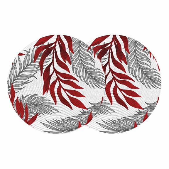 Red Leaves Round 13 Inch Placemats Set of 2, Willow Leaf Abstract Plants Rustic Branch HeatResistant Non Slip Place Mats for Dining Table, Wipeable Braided Kitchen Table Mats for Housewarming