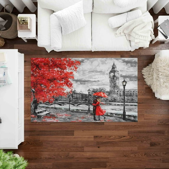 Red Leaves Rug, Salon Rugs, Landscape Rugs, Couple With Red Umbrella Painting Rug, Non-Slip Carpet Rugs, Rainy Day Rug, Salon Rug, Red Rug, 5.2'x7.5' - 160x230 cm