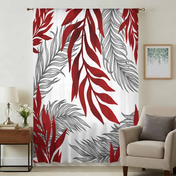Red Leaves Sheer Curtains 45 Inches Long, Willow Leaf Abstract Plants Rustic Branch Light Filering Curtains, Breathable Simi Curtain Privacy Drapes for Kitchen Bathroom Small Window Treatment