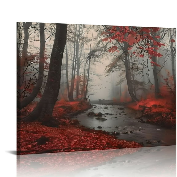 Red Leaves Trees Foggy Sky Art Modern Canvas Prints Ready To Hang Home Decor Gift Idea 20x16in