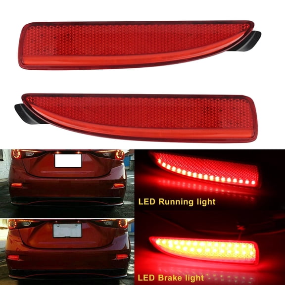 Red Lens 90-SMD LED Bumper Reflector Lights For Mazda 3 5 6, Function as DRL,Turn Signal,Tail, Brake & Rear Fog Lamps