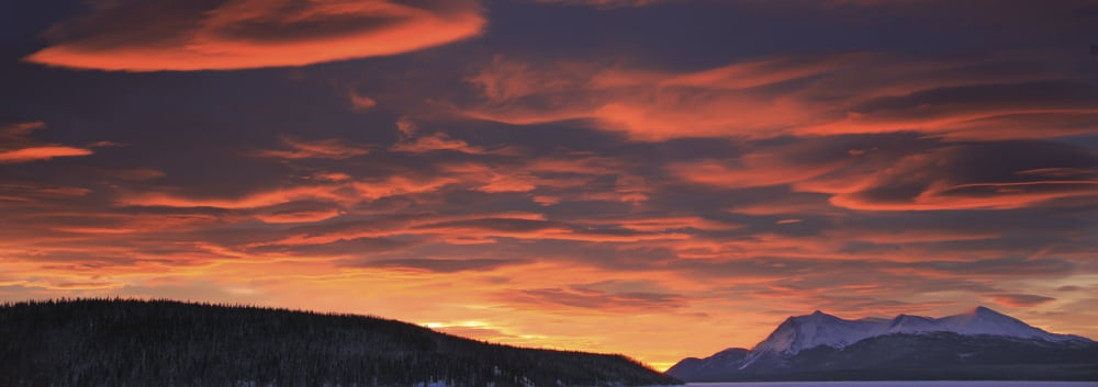 Red Lenticular Clouds Over Teslin Lake And Dawson Peaks At Sunrise Teslin Yukon Canvas Art - Robert Postma Design Pics (44 x 15)