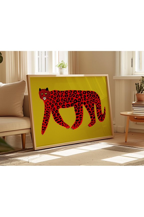Red Leopard Art Print, Bright Home Decor, For Kitchen, Bedroom, Dining, Living Room, Office, House Warming, Birthday Gift, Animals, Colorful, 8x12 UNFRAMED