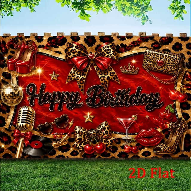 Red Leopard Birthday Backdrop Wild Red Cherry Lips Gold Disco Ball ...