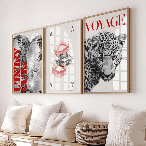 Red Leopard Black White Fashion Gallery Poster Set 3 Prints Set 3 , Poster Only