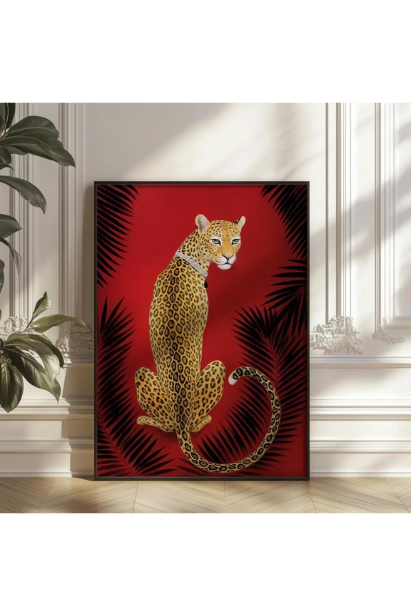 Red Leopard Exotic Maximalist Jungle Decor Wall Art