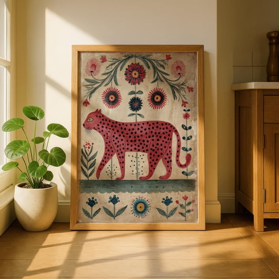 Red Leopard Folk Illustrated Poster Featuring Vintage Style Cheetah And ...