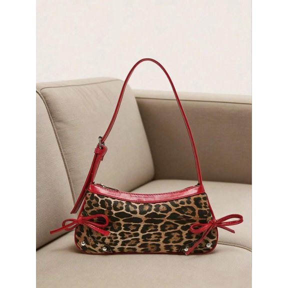 Red Leopard Print Bow-Trimmed Shoulder Baguette With Studded Details