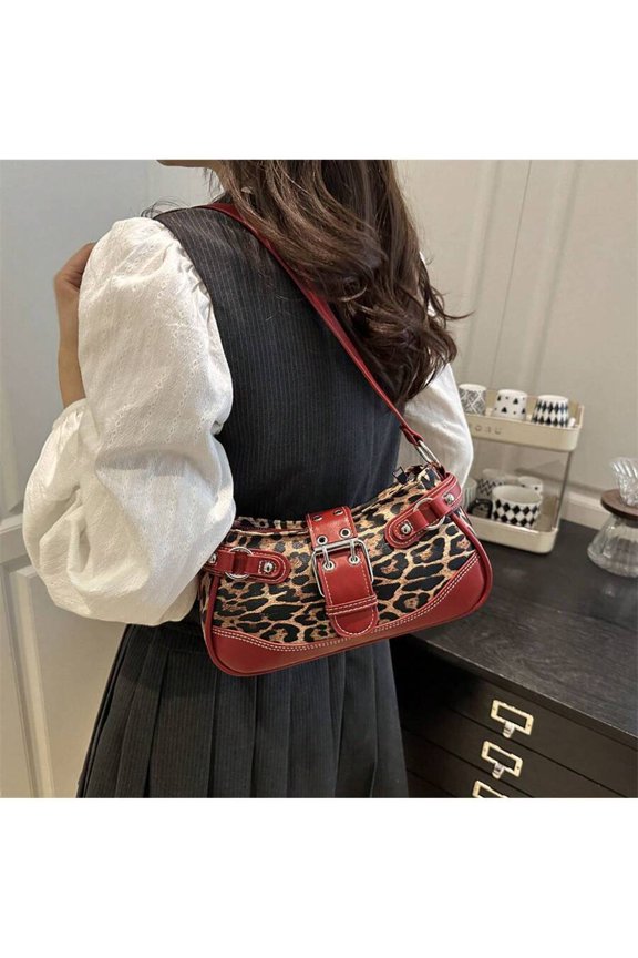 Red Leopard Print Crescent Shoulder Bag With Buckle Detail